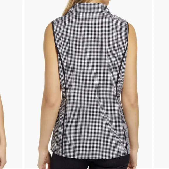 NWT Ming Wang Gingham Collared Sleeveless Button Down Blouse, Black & Wh…